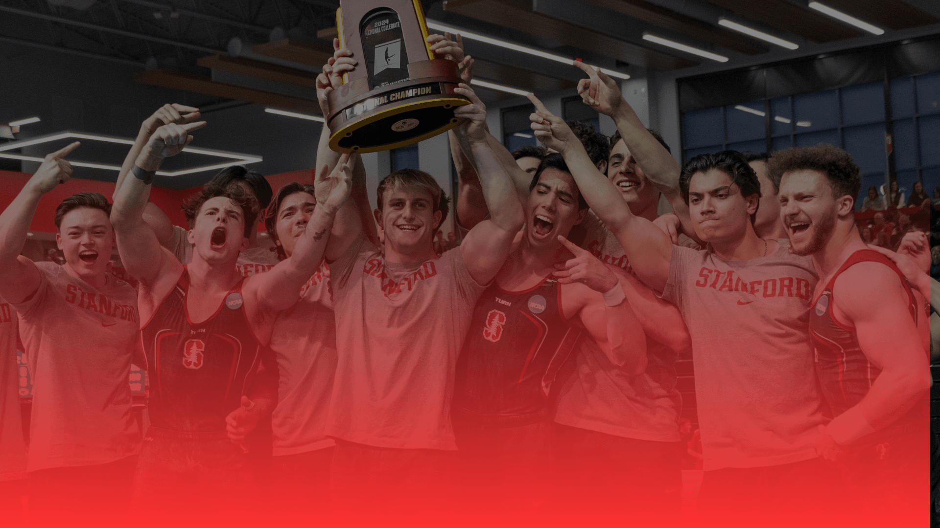Stanford gymnastics team celebrating an NCAA national championship