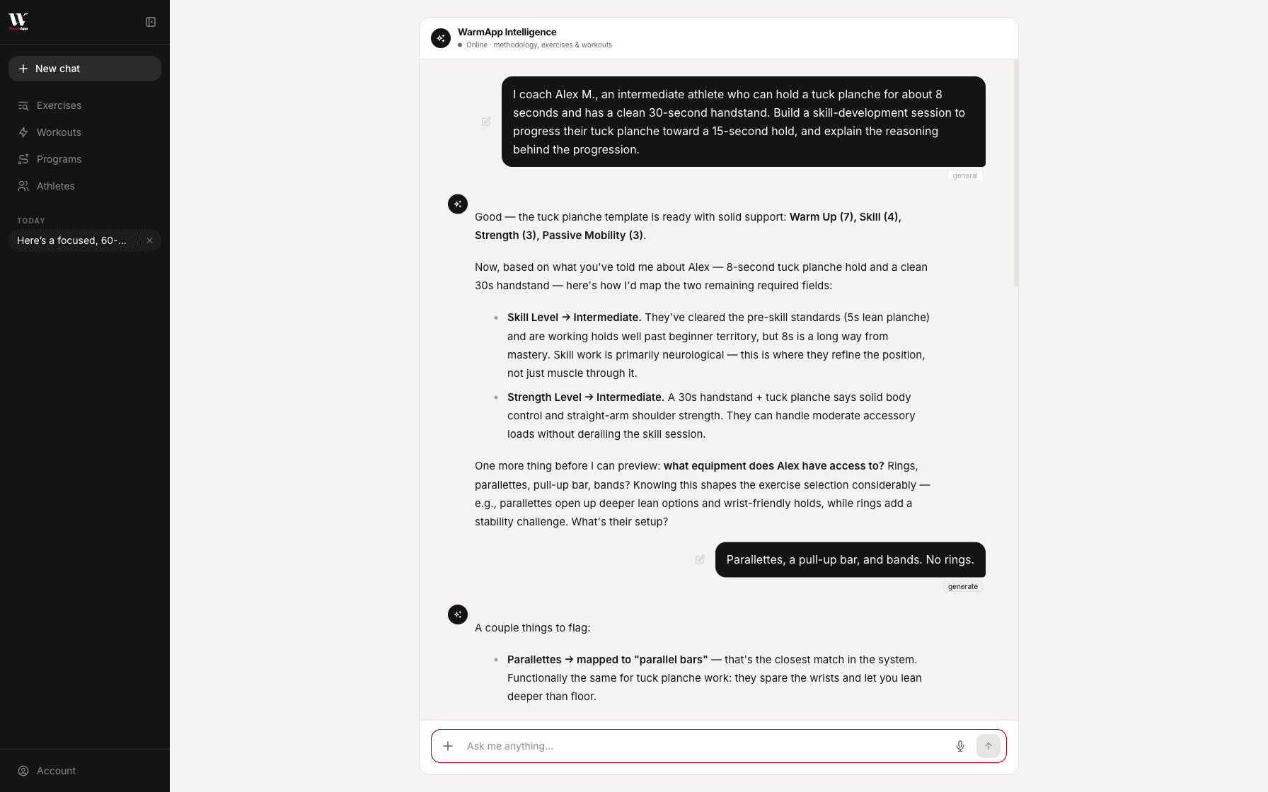 Describe your athlete. WarmApp builds the program and explains the why.